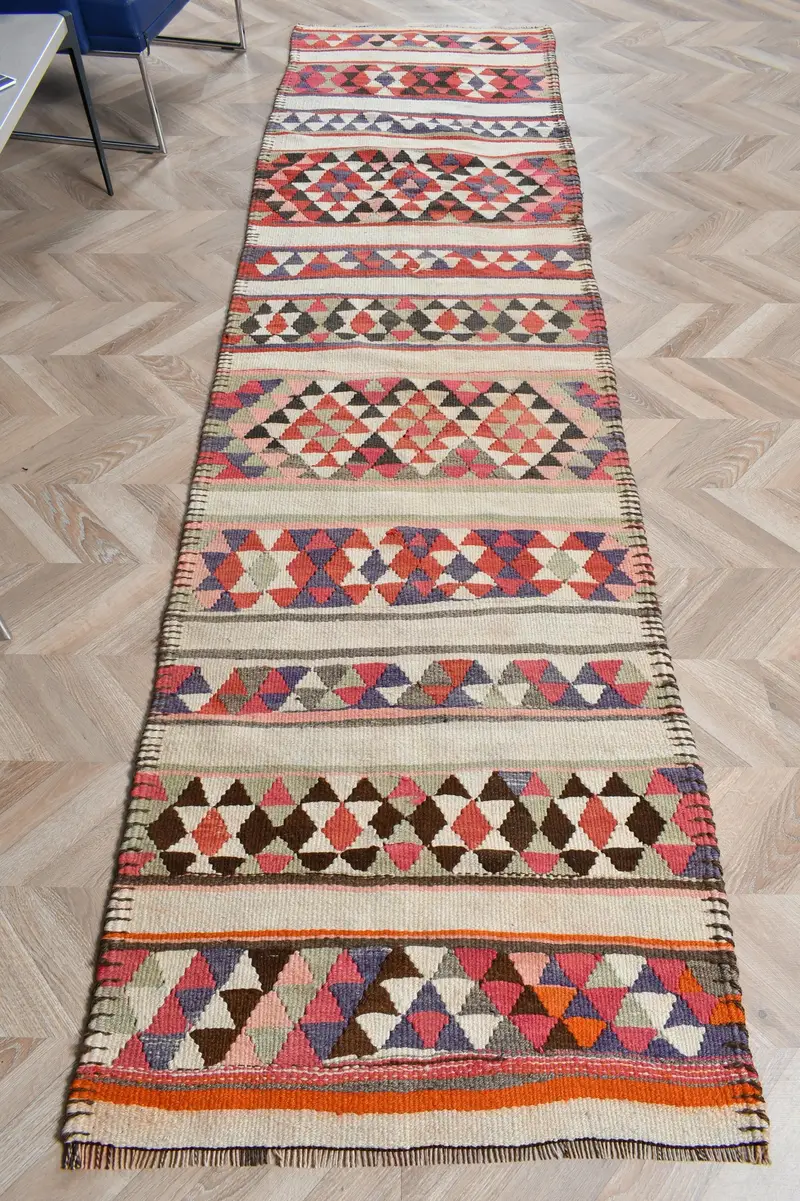 2.7x10.2 ft Türk Kilim Halısı, Kırmızı İkat Vintage Yün Halı - 1
