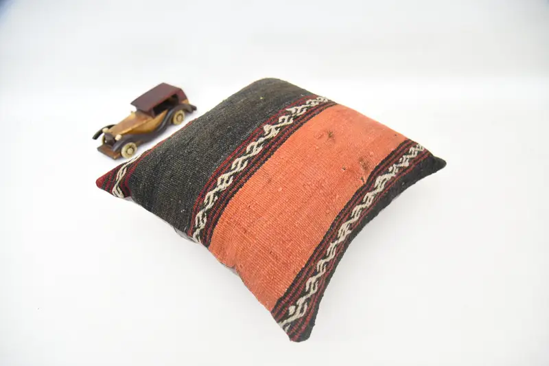 Cozy Throw Pillow Cover, Nomadic Pillow, Boho Pillow, Cushion Cover, 16x16 Orange Cushion Case, Pillow for Sofa, Vintage Kilim Pillow - 6