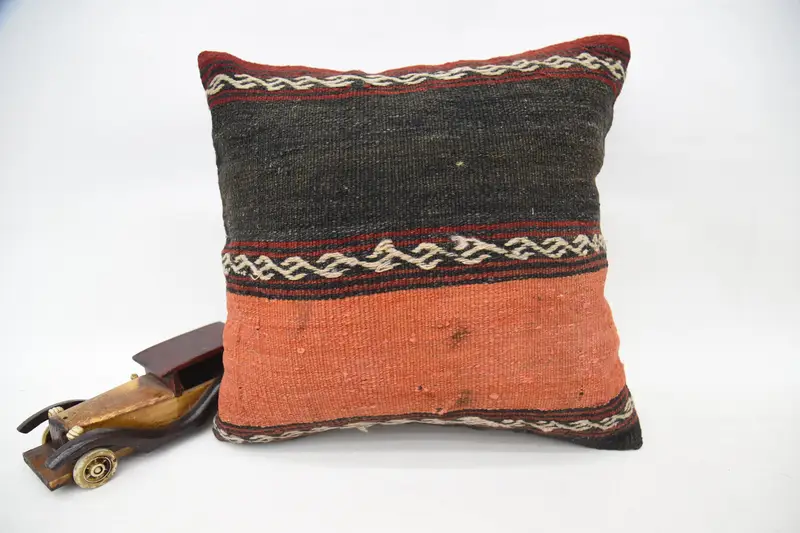 Cozy Throw Pillow Cover, Nomadic Pillow, Boho Pillow, Cushion Cover, 16x16 Orange Cushion Case, Pillow for Sofa, Vintage Kilim Pillow - 1