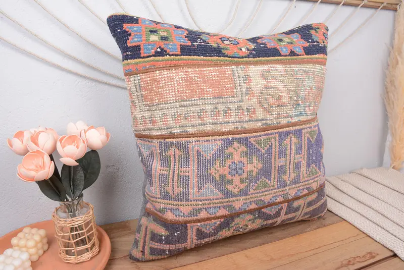 Blaues und orangefarbenes Patchwork-Wurfkissen, 24x24 besticktes Kissen