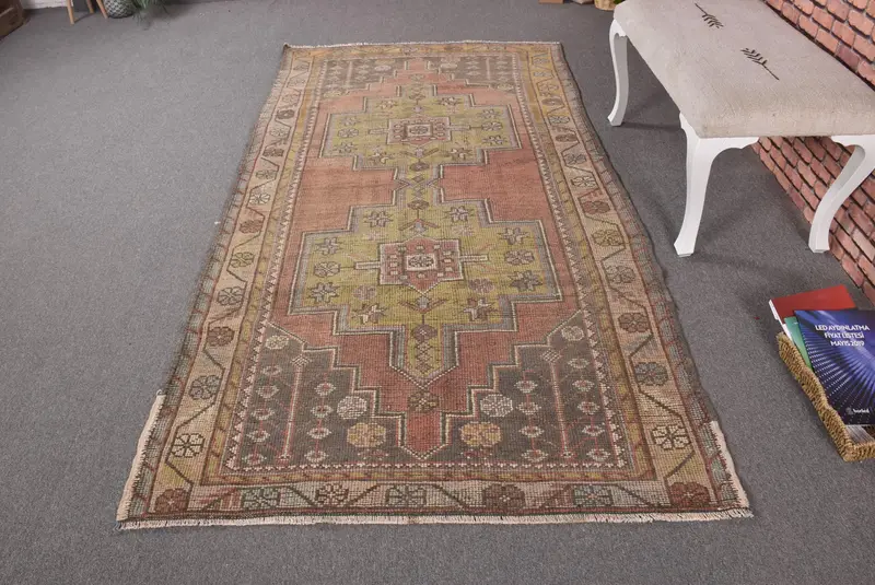4.3x8.3 ft Area Turkish Vintage Rug, Brown Animal Print Wool Rug - 1