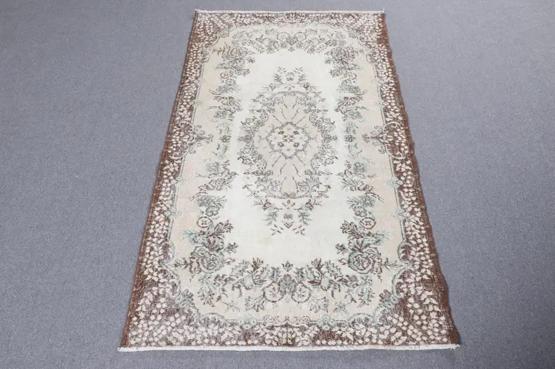 3.9x6.6 ft Alan Vintage Türk Halısı, Kahverengi Oryantal Yün Halı - 1