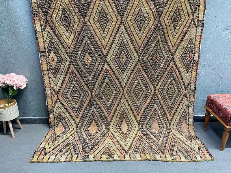 Turkish Vintage Rug 5.8x8 ft (178x245 cm), Kilim Brown Oriental Rug - 1