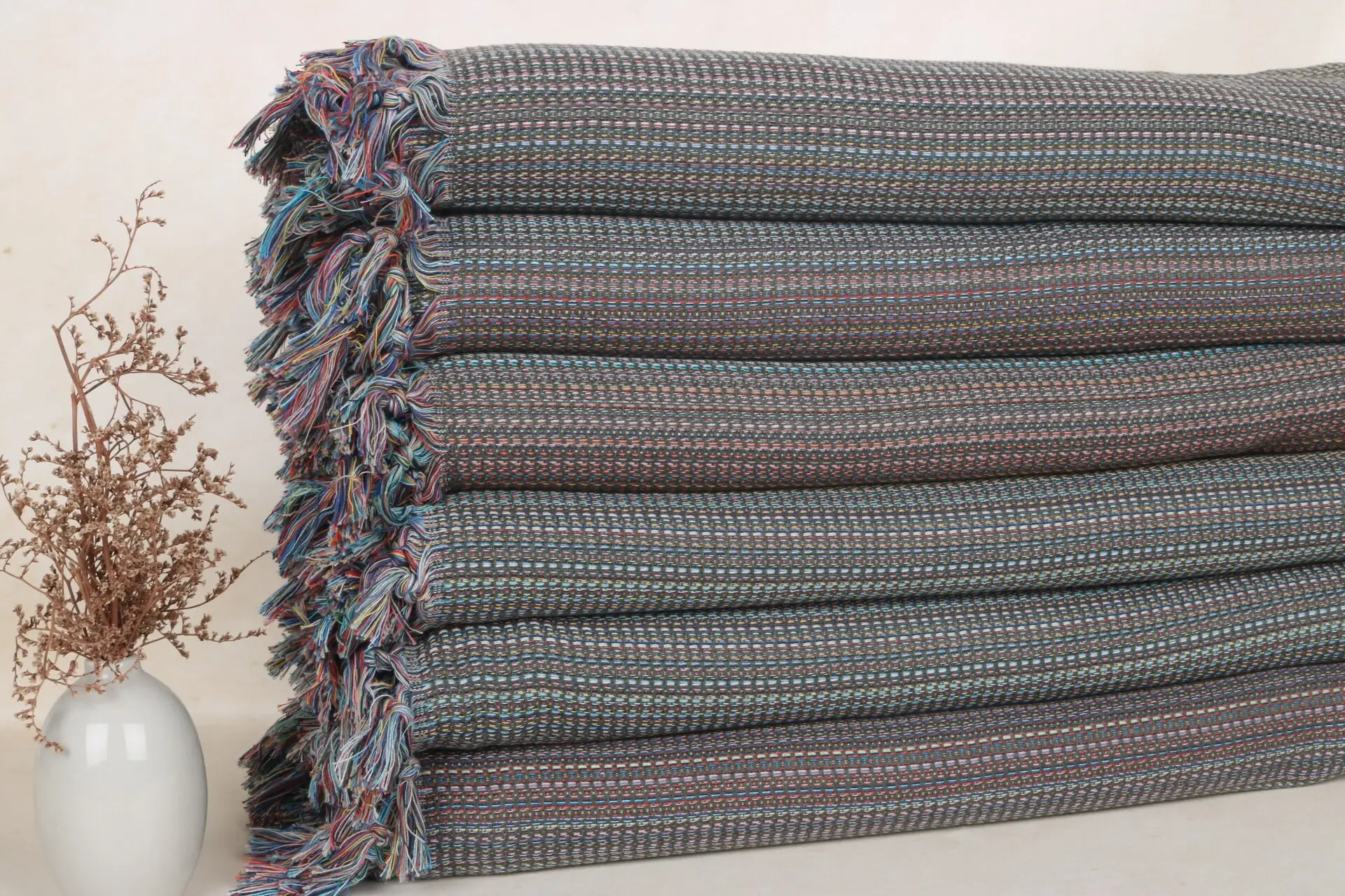 Colorful Diamond Throw Khaki Green Plaid, Woven Cotton Throw Blanket, 87x89 Inches - 1