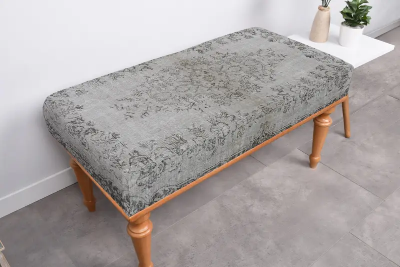 Botanik Desenli Gri & Siyah Yün Bank, Katlanabilir Depolama Tezgahı