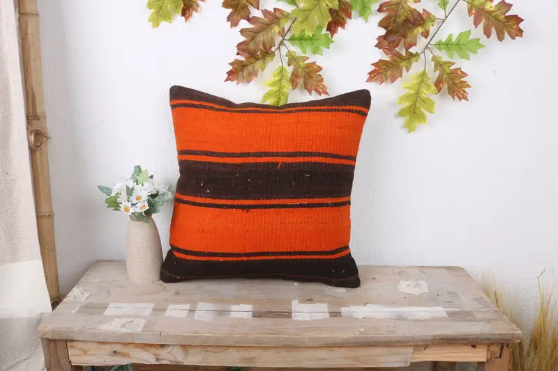 Handwoven Pillow Cover Cushion Case, Authentic Pillow Cover, Kilim Pillow, Boho Pillow, 16x16 Orange Cushion Case, Pillow, Antique Pillows - 1