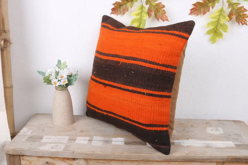 Handwoven Pillow Cover Cushion Case, Authentic Pillow Cover, Kilim Pillow, Boho Pillow, 16x16 Orange Cushion Case, Pillow, Antique Pillows - 4