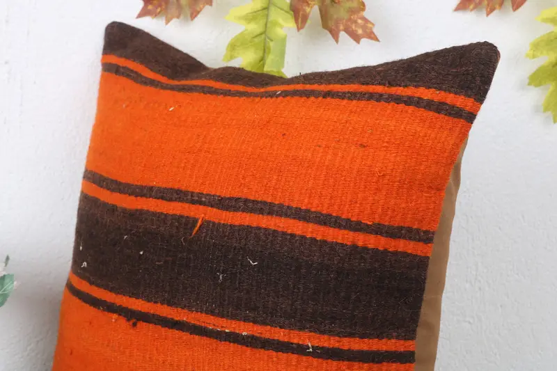 Handwoven Pillow Cover Cushion Case, Authentic Pillow Cover, Kilim Pillow, Boho Pillow, 16x16 Orange Cushion Case, Pillow, Antique Pillows - 5