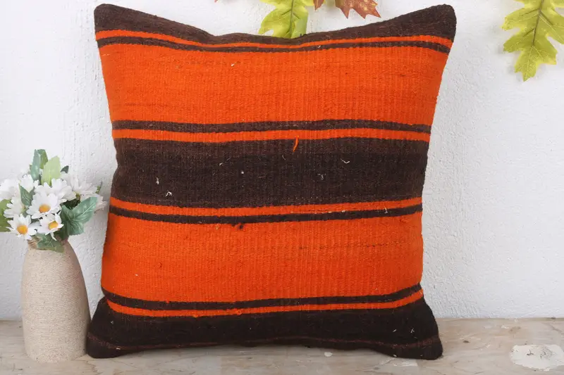 Handwoven Pillow Cover Cushion Case, Authentic Pillow Cover, Kilim Pillow, Boho Pillow, 16x16 Orange Cushion Case, Pillow, Antique Pillows - 2