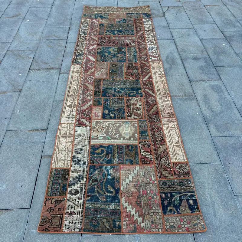 Turkish Runner Rug 3x9.7 ft, Blue Check Vintage Wool Rug - 1