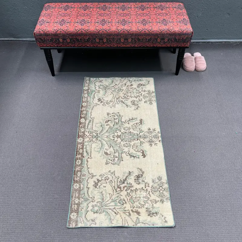 Vintage Rug, Small 2x4.2 ft Turkish Rug, Blue Brown Solid Wool Rug - 1