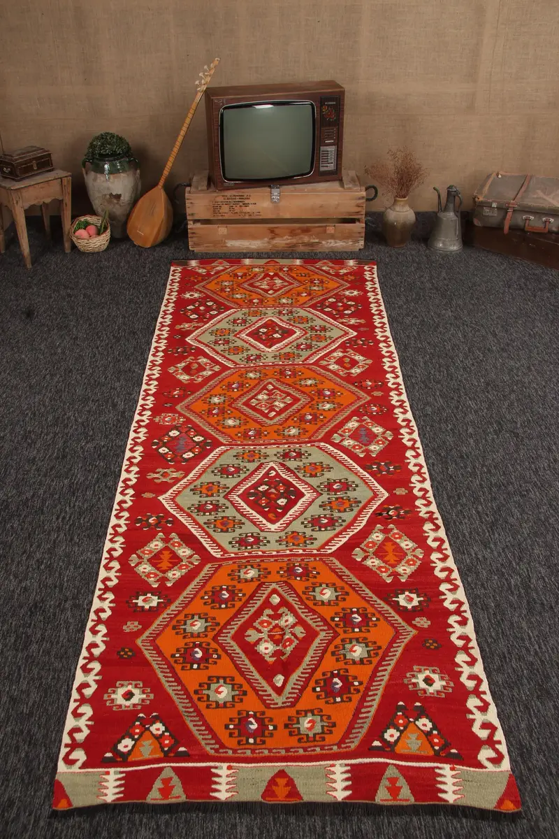Alfombra turca, Alfombra vintage Runner 3.5x9.9 ft, Alfombra de lana naranja roja - 1