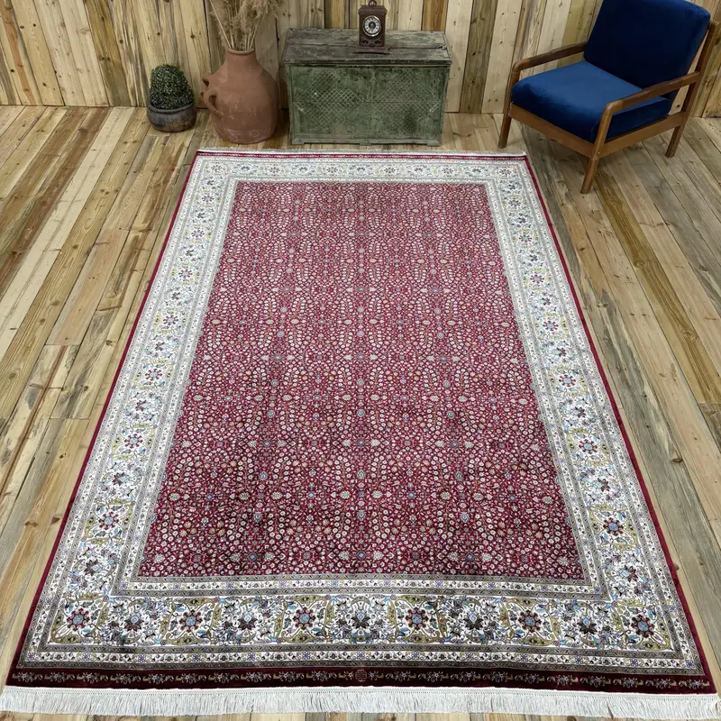Turkish Large Rug 6.3x9.9 ft, Vintage Oushak Red Bordered Silk Rug - 1