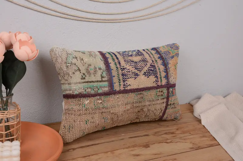 Turkish Bench Pillow, Pillow for Sofa, Outdoor Throw Cushion, Vintage Kilim Throw Pillow, Gift Pillow, 12x20 Beige Pillow Case, Cushion Case - 1