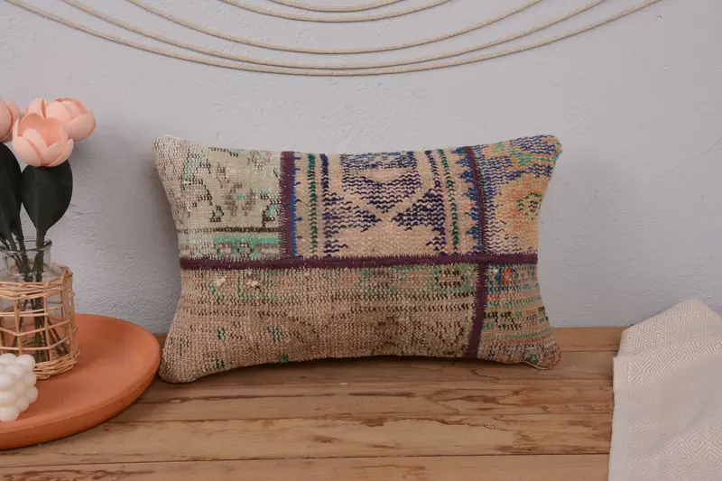 Turkish Bench Pillow, Pillow for Sofa, Outdoor Throw Cushion, Vintage Kilim Throw Pillow, Gift Pillow, 12x20 Beige Pillow Case, Cushion Case - 2