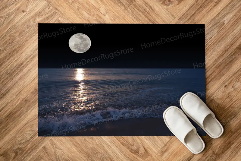 エレガントなプリントラグ：海と月の夜のビーチの風景