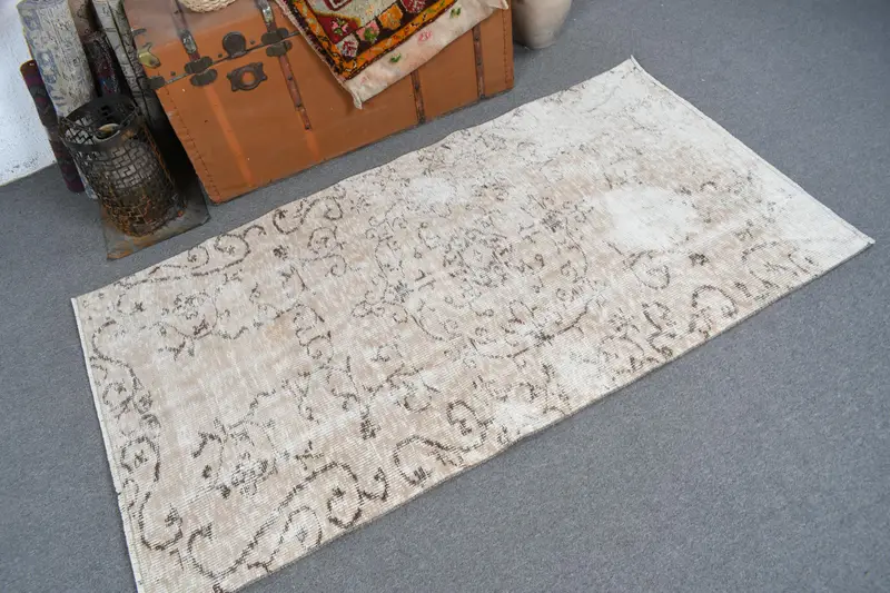 Vintage Turkish Rug 3.1x5.8 ft (95x176 cm), Beige Check Rug