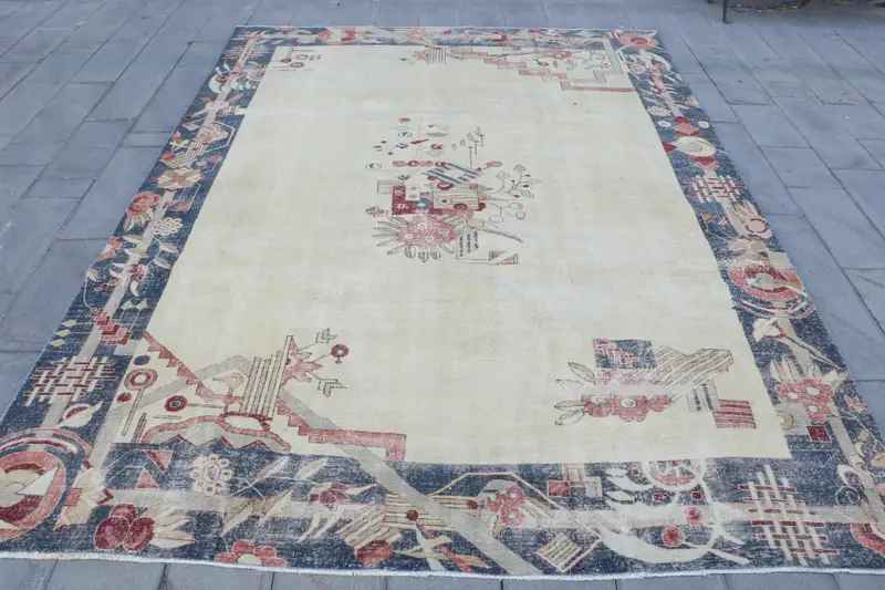 Elegante Alfombra Floral Beige y Azul, 9,4x13,1ft Chic Decor