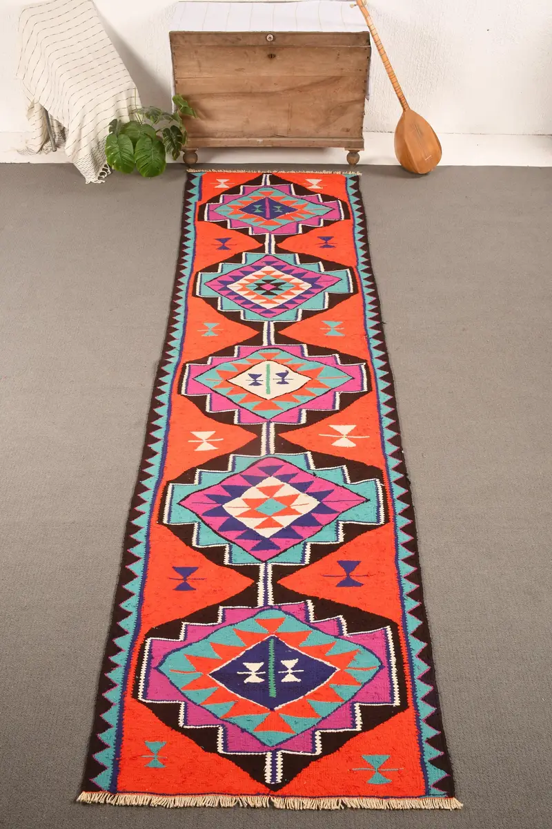 Turkish Vintage Rug, Runner 3x10.8 ft (90x328 cm) Rug, Orange Check Wool Rug - 1