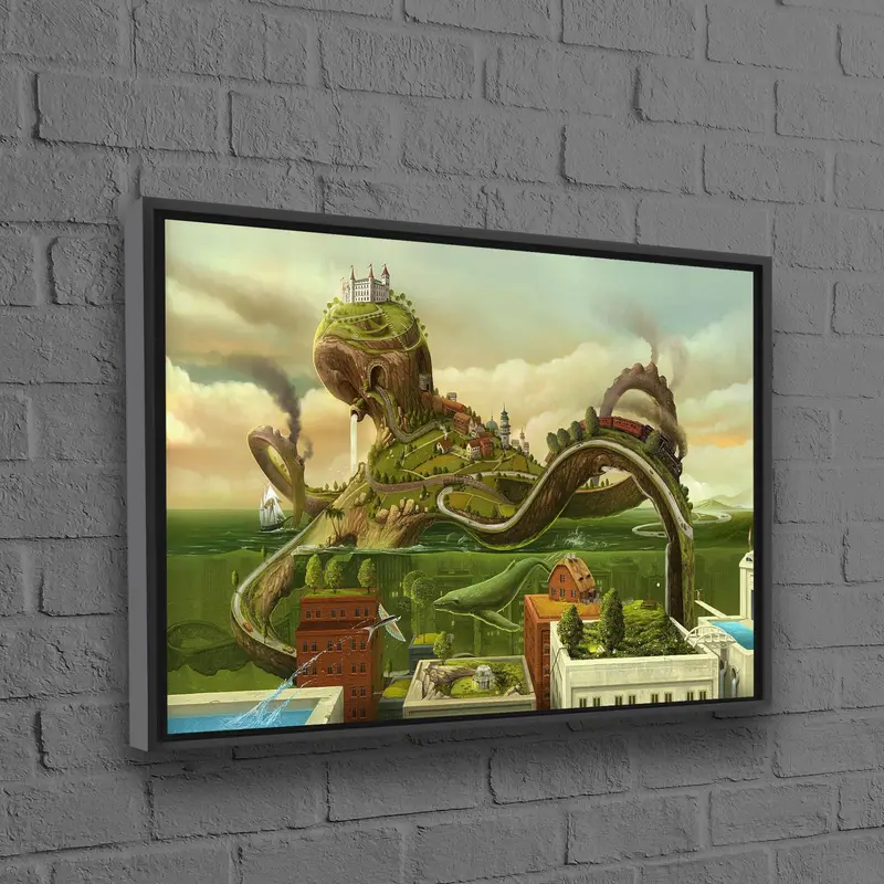 Soyut Yeşil Ahtapot Kanvas Tablo: Sualtı Gerçeküstü Kanvas Tablo