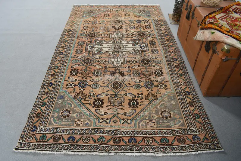 Türkischer Teppich, 4,5 x 7,5 Fuß großer Teppich, braun-blauer Oushak-Wollteppich - 1
