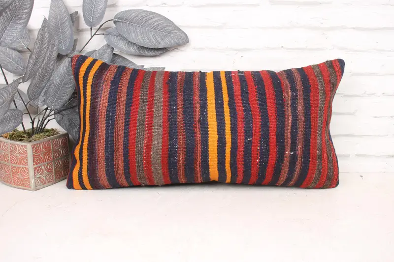Sofa Bolster Cushion Cover, Home Decor Pillow, Antique Pillows, Ethnical Kilim Rug Pillow, 12x24 Red Pillow Sham, Pillow Cover - 1