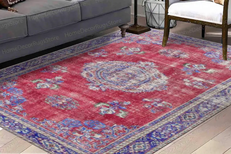 Roter Medaillon-bedruckter Teppich mit verblasstem Ethno-Muster