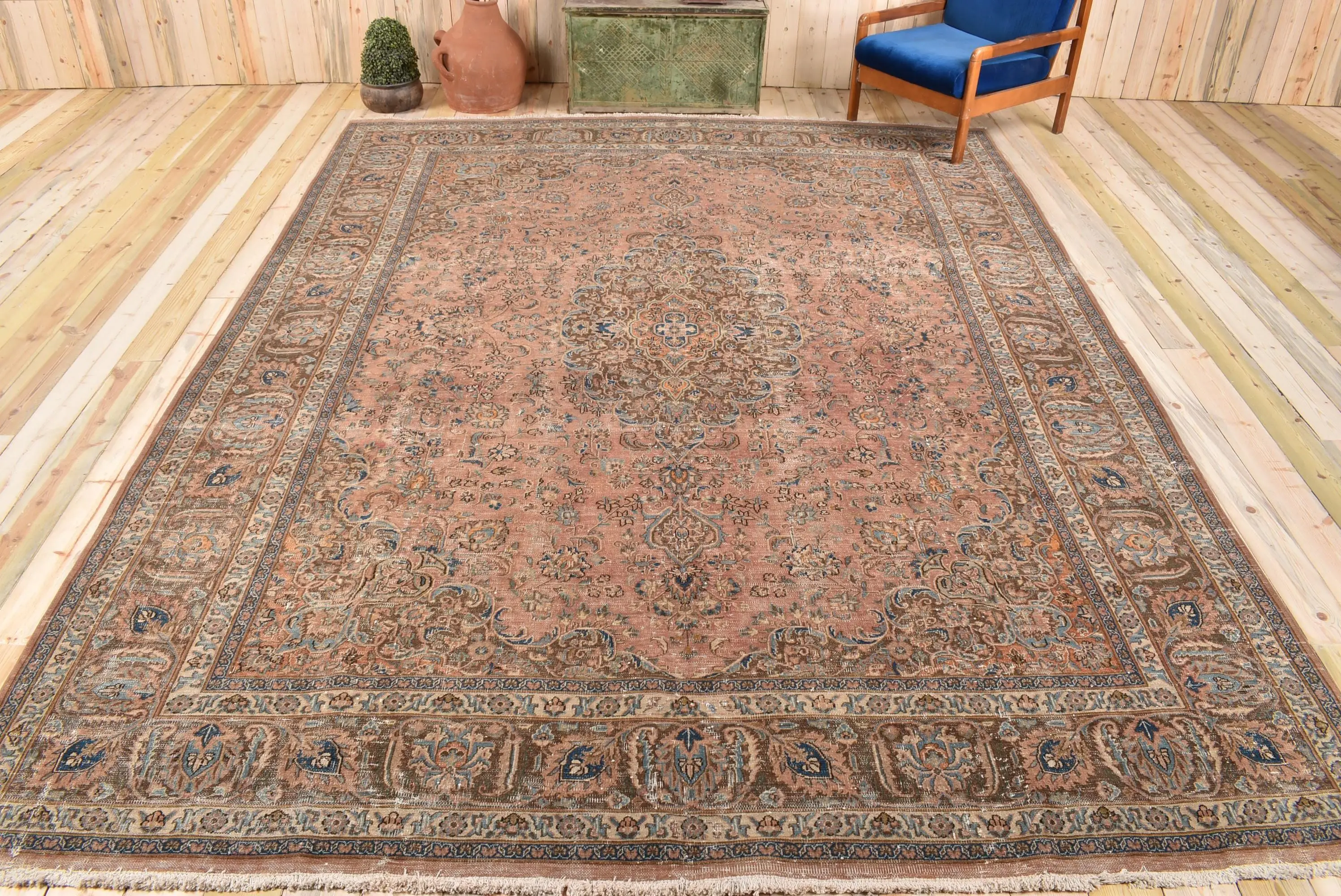 Türkischer Vintage-Übergröße-Teppich, 9,4 x 12,6 Fuß, braun-blauer abstrakter Wollteppich - 1