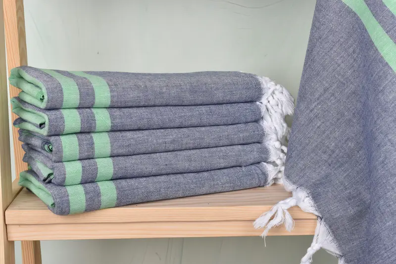 Custom Turkish Bath Towel Green-Navy Stripes, Organic Cotton/Linen, 36x71 Inches