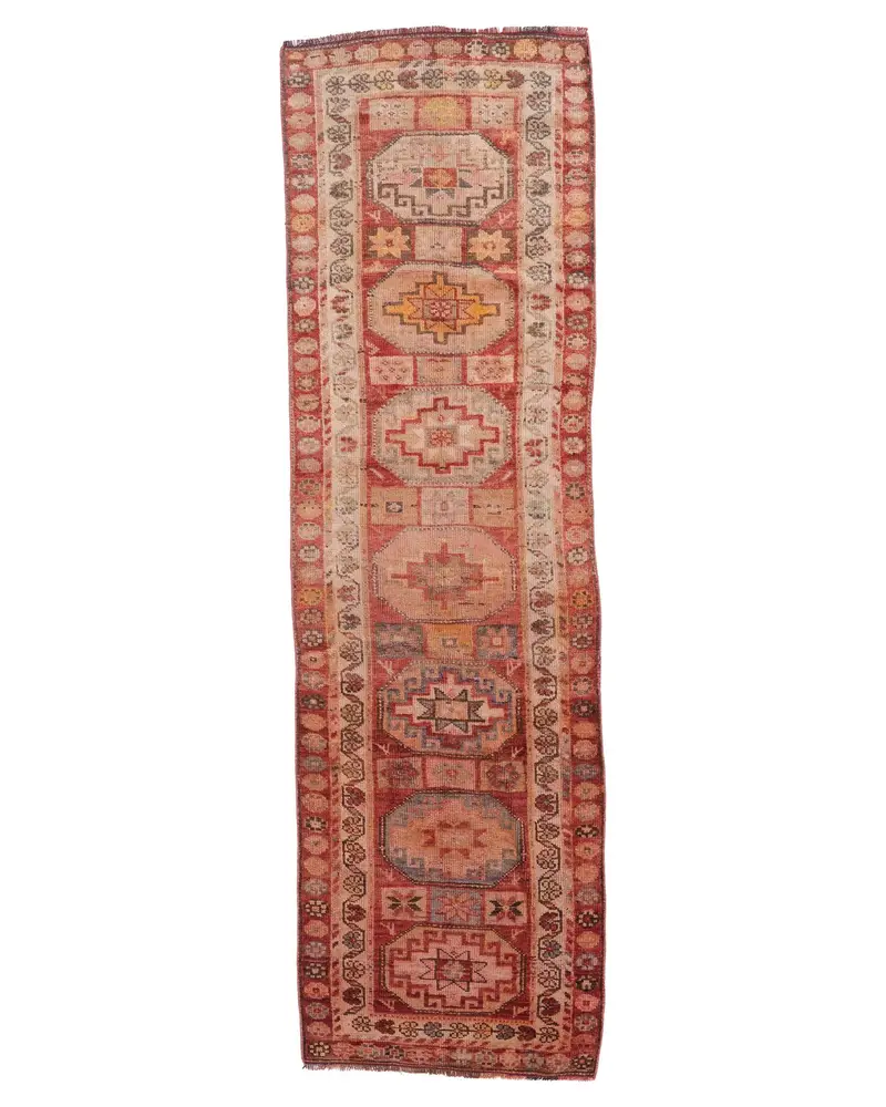 Kırmızı ve Bej Halı, 2,7x9,2 ft Geometrik Çiçek Desenli