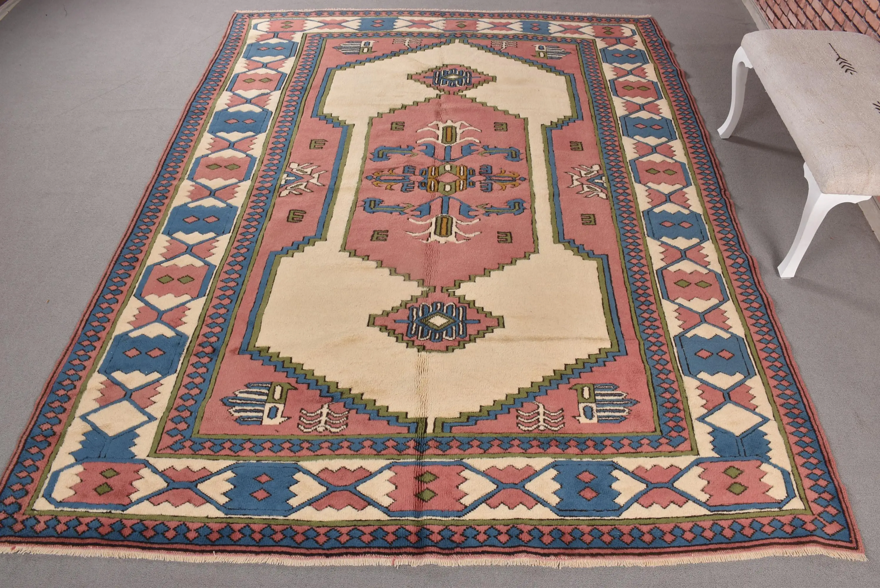 ヴィンテージトルコラグ、ラージ7.4x9.4フィート(225x288cm)ラグ、ブルーフローラルウールラグ - 1