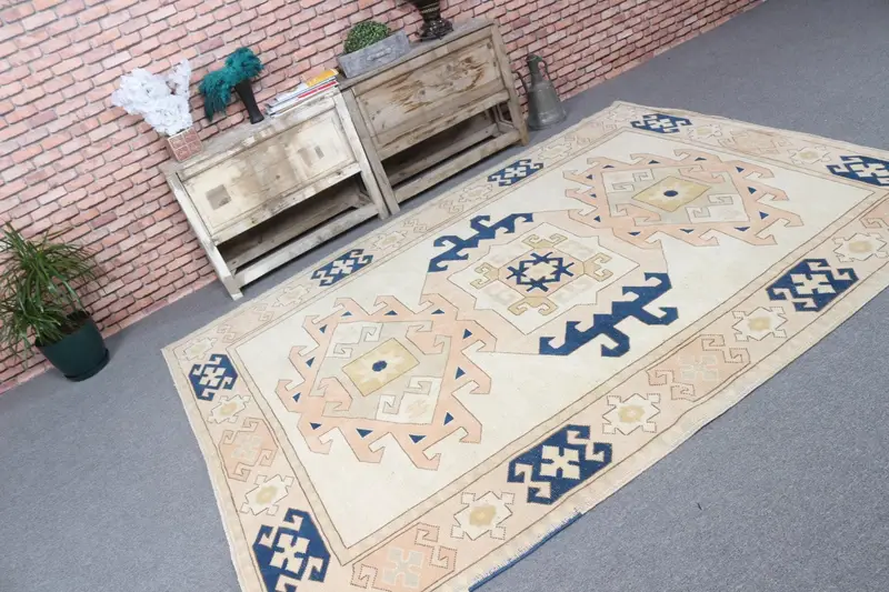 Vintage 6.1x8.2 ft Halı, Büyük Türk Halısı, Mavi Bej Yün Halı - 1