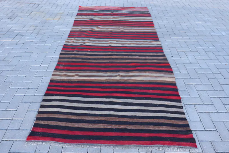 Turkish Vintage Rug, Large 4.6x10.4 ft (141x316 cm) Rug, Red Polka dot Wool Rug - 1