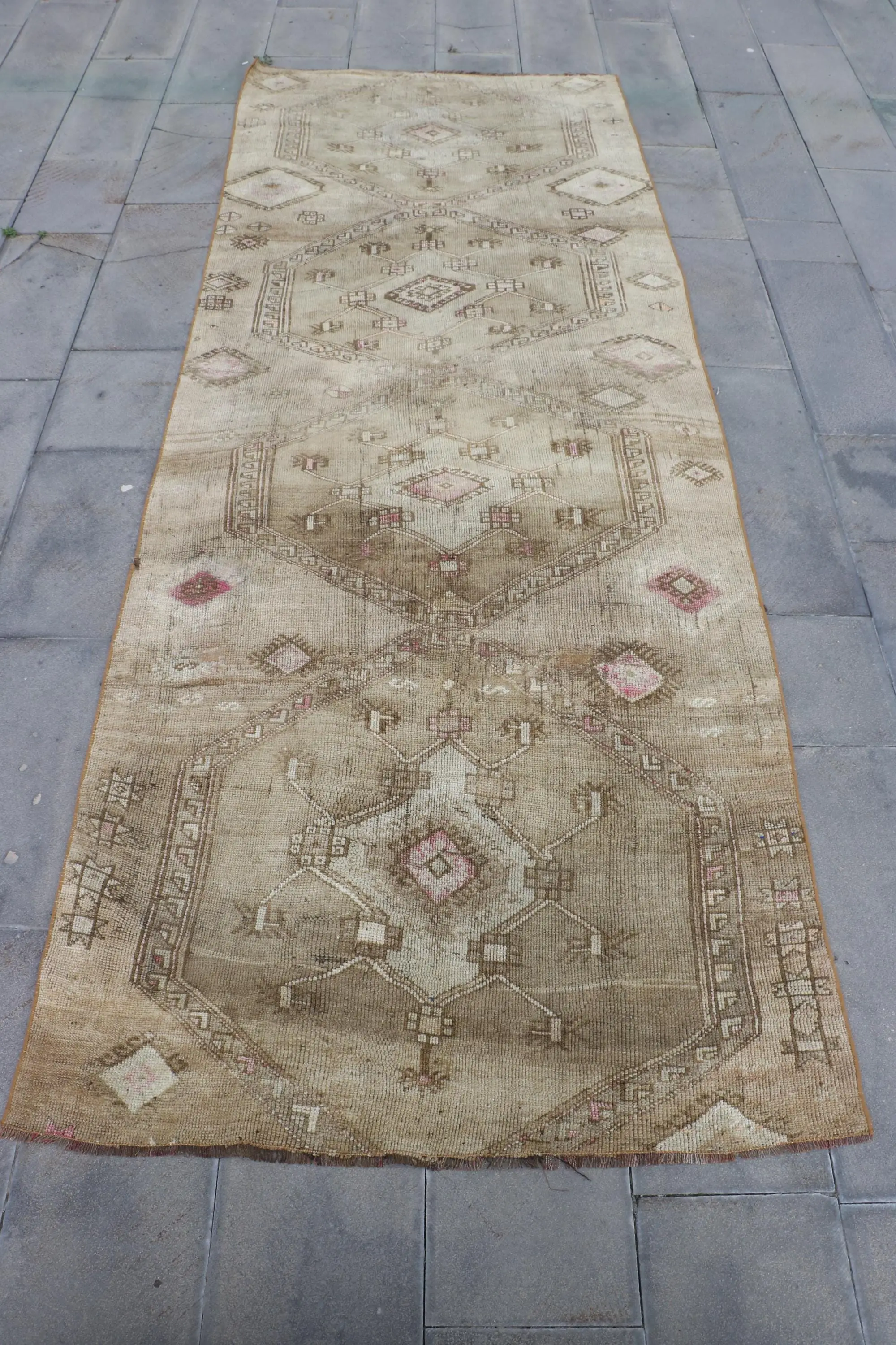 Vintage 4.3x11.4 ft Rug, Runner Turkish Rug, Brown Pink Wool Rug - 1