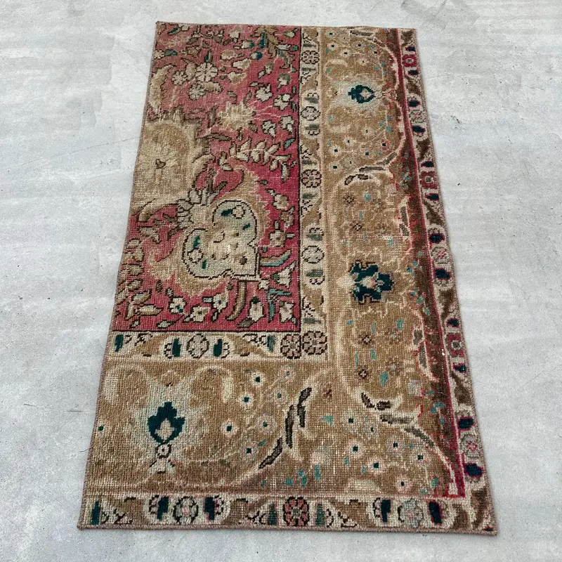 2.2x4 ft Turkish Oushak Rug, Vintage Rug, Brown Polka dot Wool Rug - 1