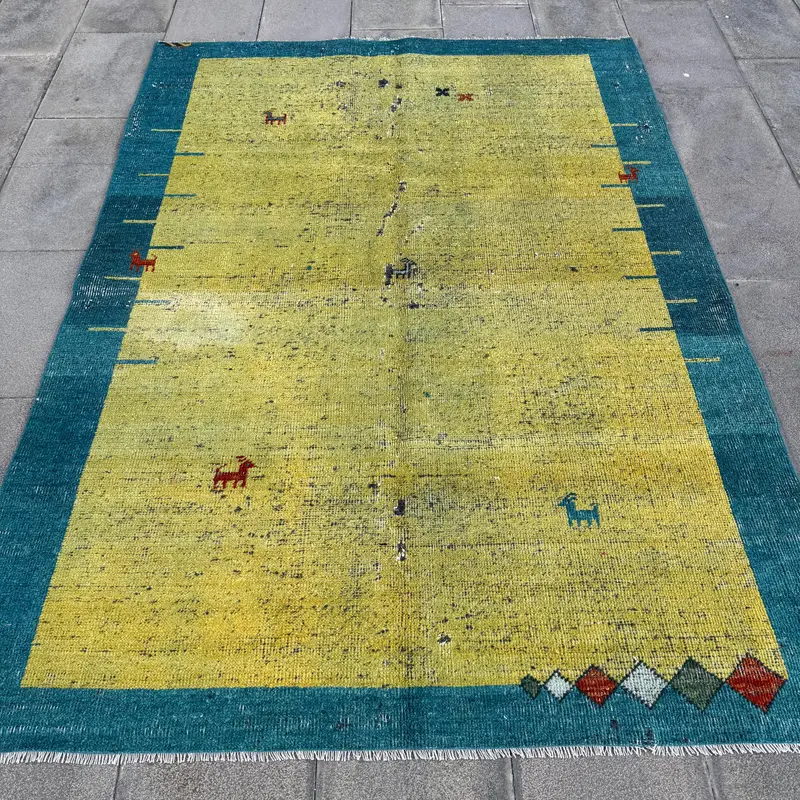 Yeşil Soyut Halı, Mavi Desenli 5,1x6,9 ft