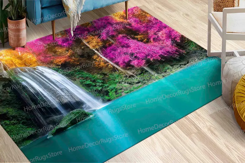 Bedruckter Teppich mit Wasserfall-Seeblick: Modernes, von der Natur inspiriertes Dekor