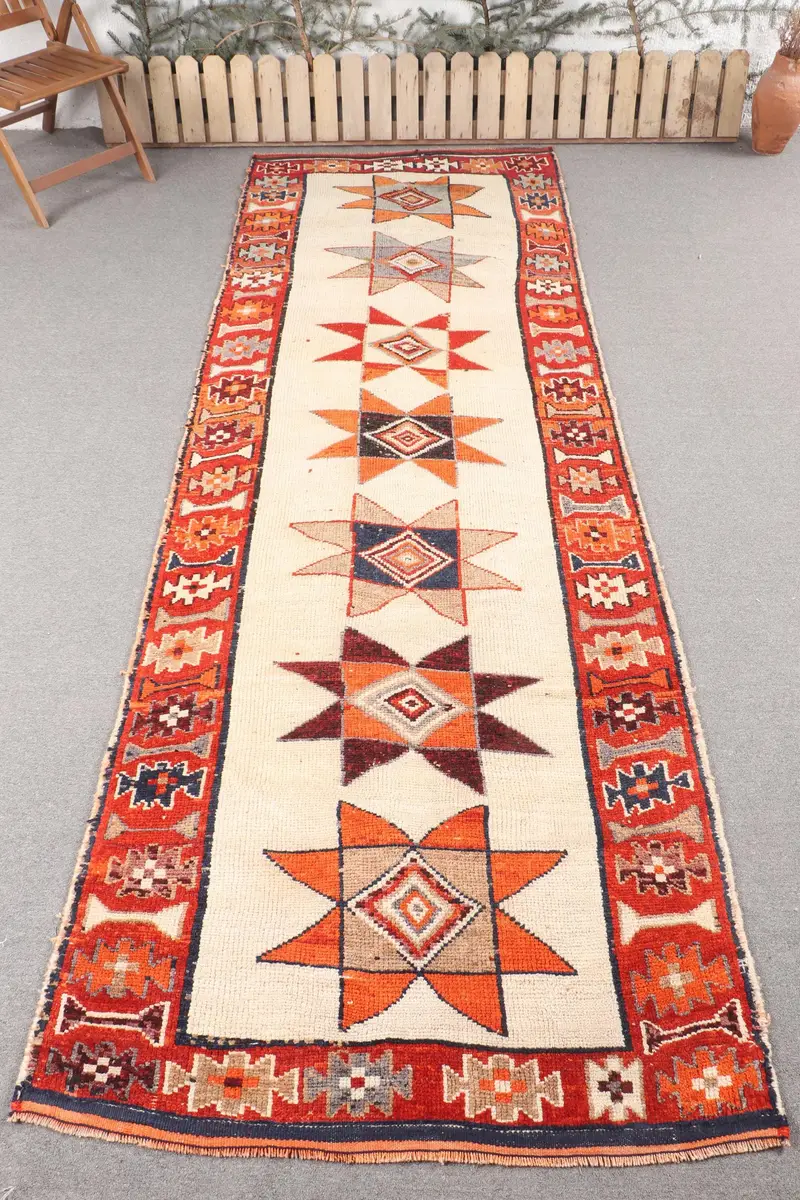 Alfombra hecha a mano de 4x11,9 pies, beige y naranja suroeste