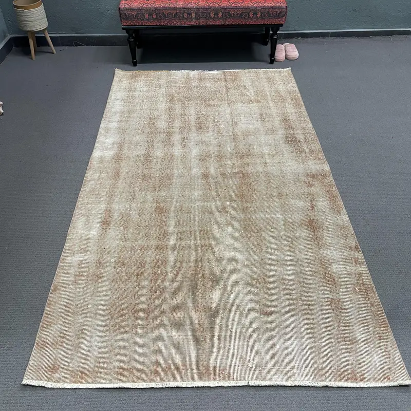 Turkish Vintage Area Rug 4.4x7.9 ft, Oushak Brown Wool Rug - 1
