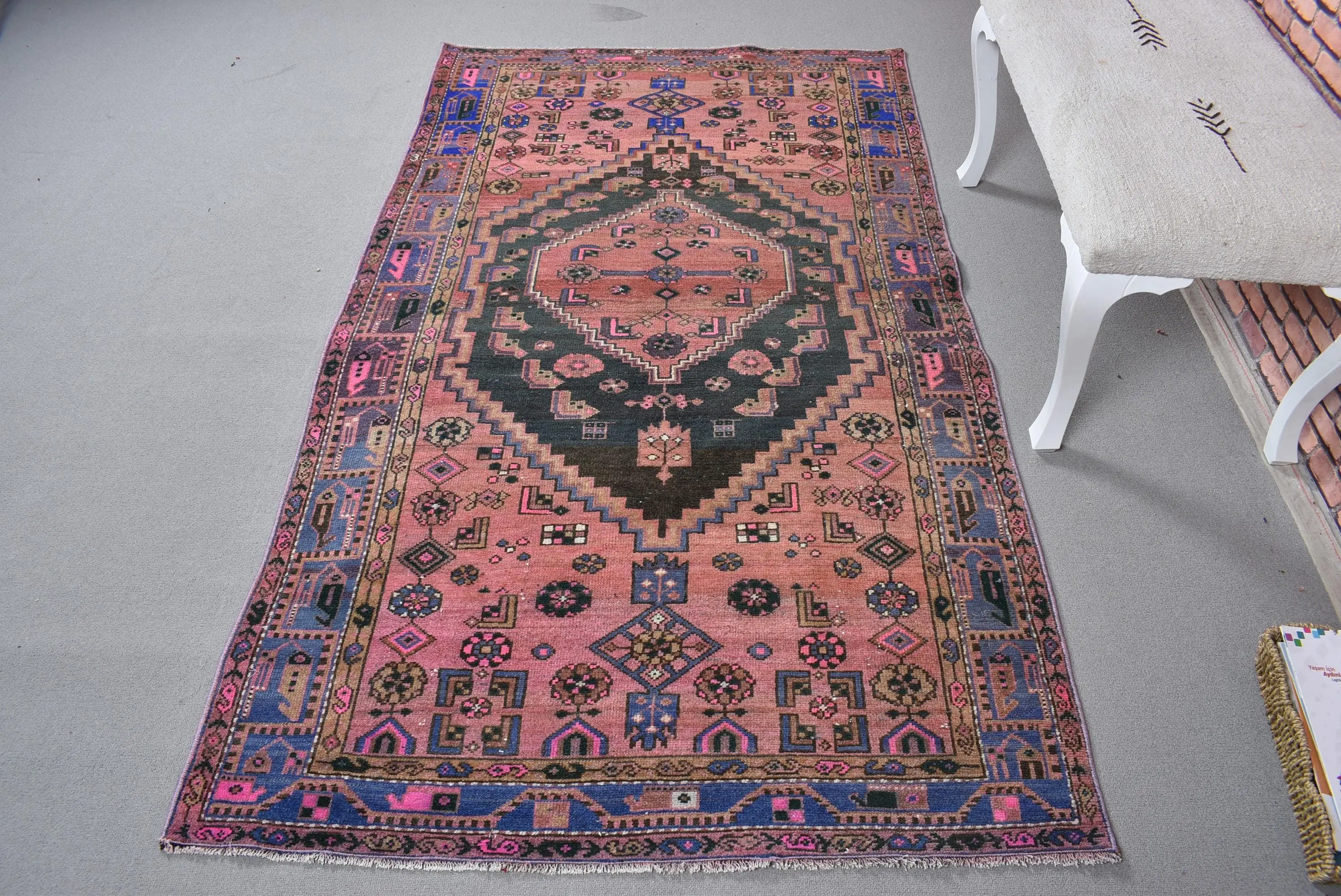 4x7.1 ft Vintage Area Rug, Red Blue Turkish Abstract Wool Rug - 1