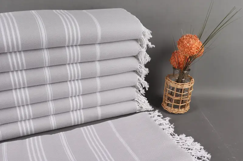 Turkish Beach Towel Organic Cotton Light Gray Stripes, 40x71 Inches