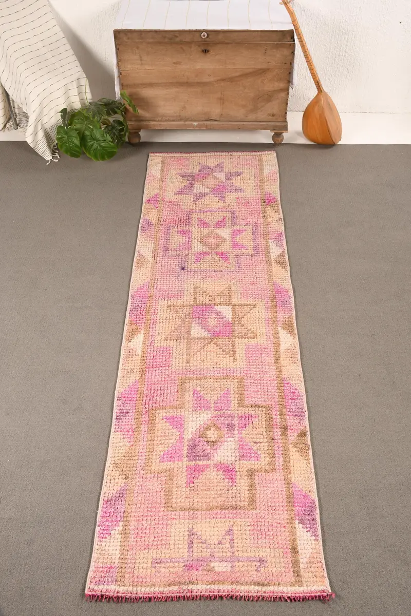 Turkish 2.5x8.7 ft Rug, Herki Vintage Rug, Pink Southwestern Wool Rug - 1