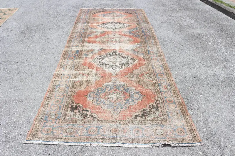 Vintage Läuferteppich, 4,8x12,2 ft türkischer Teppich, rot gestreifter Wollteppich - 1