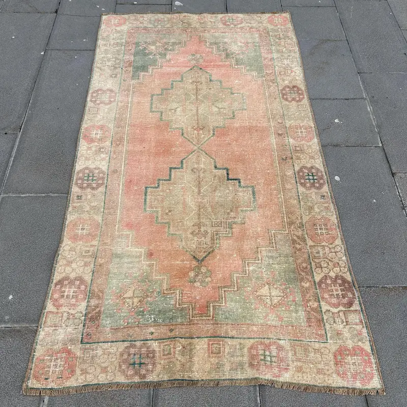 Alfombra naranja y verde, diseño con bordes de 3,3 x 6 pies