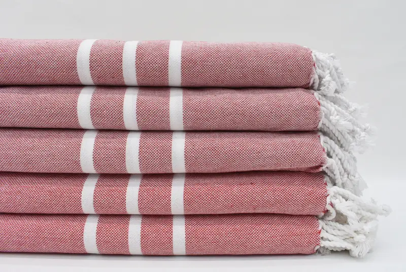 Turkish Beach Towel Red Striped Organic Cotton, Handmade, 70x40 Inches