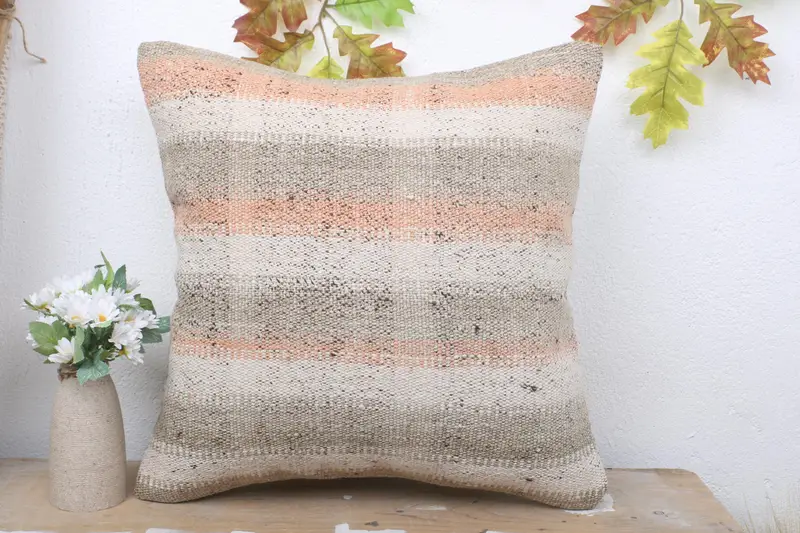 Kilim Pillow Cover, Ethnical Kilim Rug Pillow, Turkish Pillow, Accent Throw Cushion Cover, Pillow Cover, 18x18 Beige Pillow Case - 2