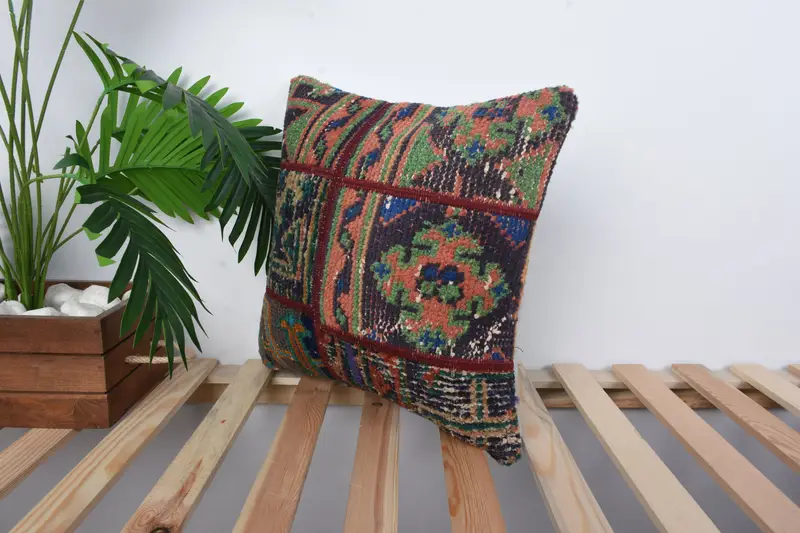 Vintage Pillow, Vintage Kilim Pillow, Outdoor Patio Pillow Cover, 16x16 Red Pillow, Boho Pillow Sham Cover, Pillow Sham - 5