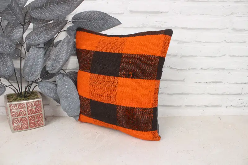 Pillow Case, Interior Designer Pillow, Morroccon Kilim Cushion Pillow, Pillow for Sofa, 14x14 Orange Cushion Case, Boho Pillow - 4