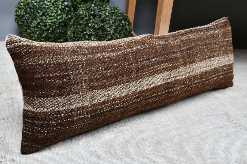 Cushion Case, Kilim Cushion Sham, Vintage Kilim Pillow, Ethnical Kilim Rug Pillow, Decorative Throw Cushion Cover, 12x36 Brown Pillow Cover - 7