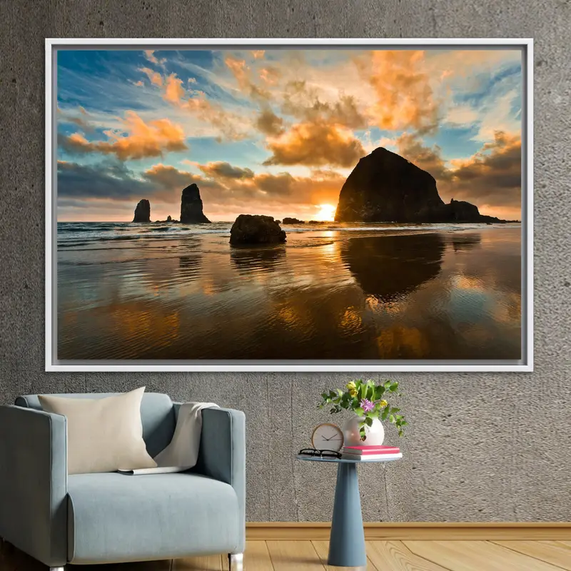 Lienzo al atardecer de Cannon Beach: paisaje marino del Océano Pacífico de Oregón